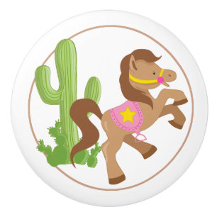 Cowgirl Horse and Cactus Ceramic Knob