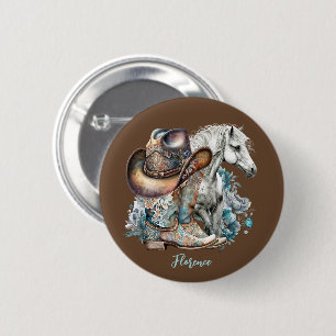 Cowgirl horse cowboy boots hat floral western  2 inch round button