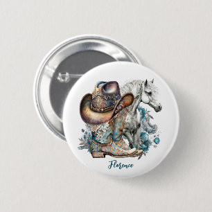 Cowgirl horse cowboy boots hat floral western 2 inch round button