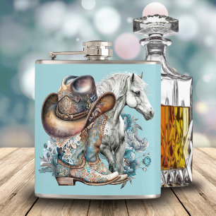 Cowgirl horse cowboy boots hat floral western hip flask