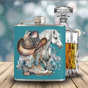 Cowgirl horse cowboy boots hat floral western  hip flask