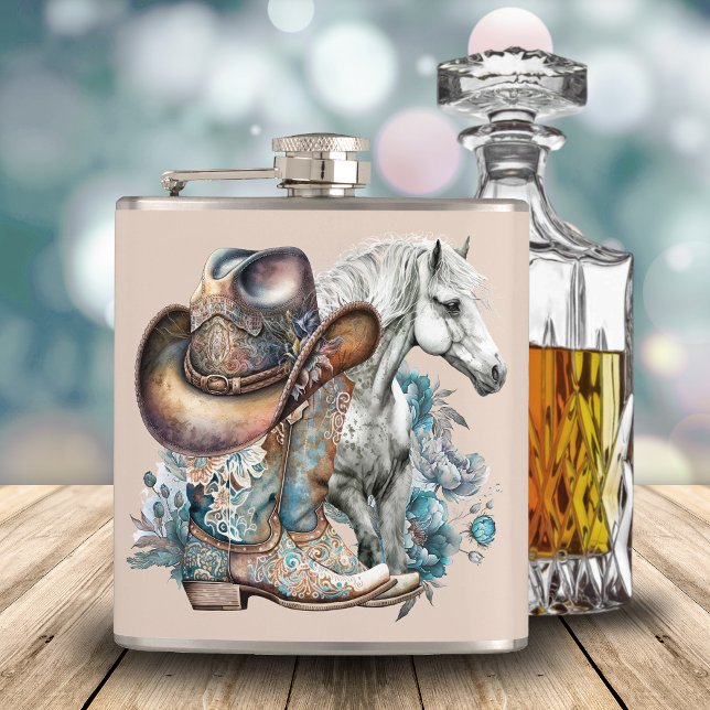Cowgirl horse cowboy boots hat floral western  hip flask (Western cowgirl floral cowboy boots, hat, turquoise and brown personalized flask.)