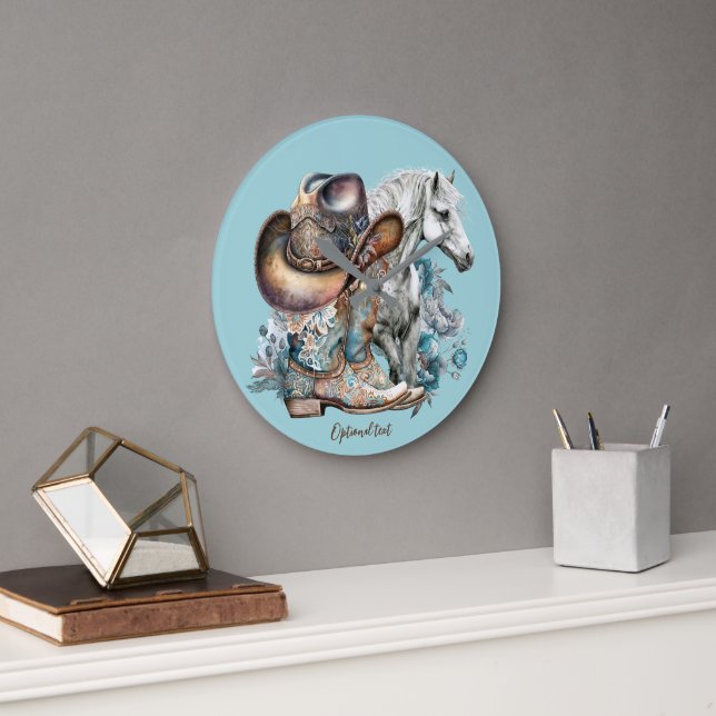 Cowgirl horse cowboy boots hat floral western  large clock (Office)