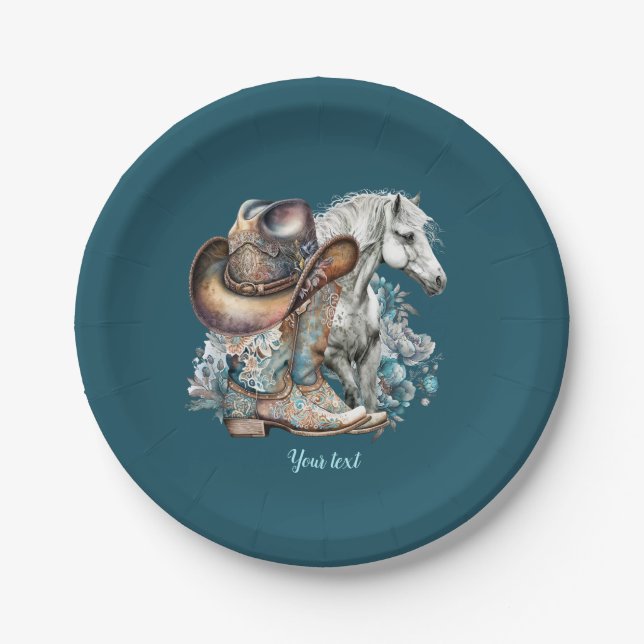 Cowgirl horse cowboy boots hat floral western  paper plate (Front)