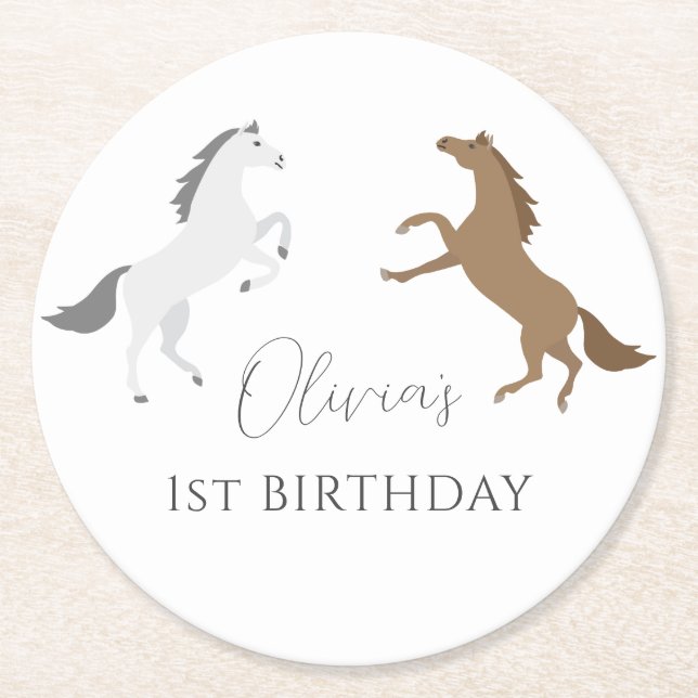 Cowgirl Horse Equestrian 1st Birthday Round Paper Coaster (Front)