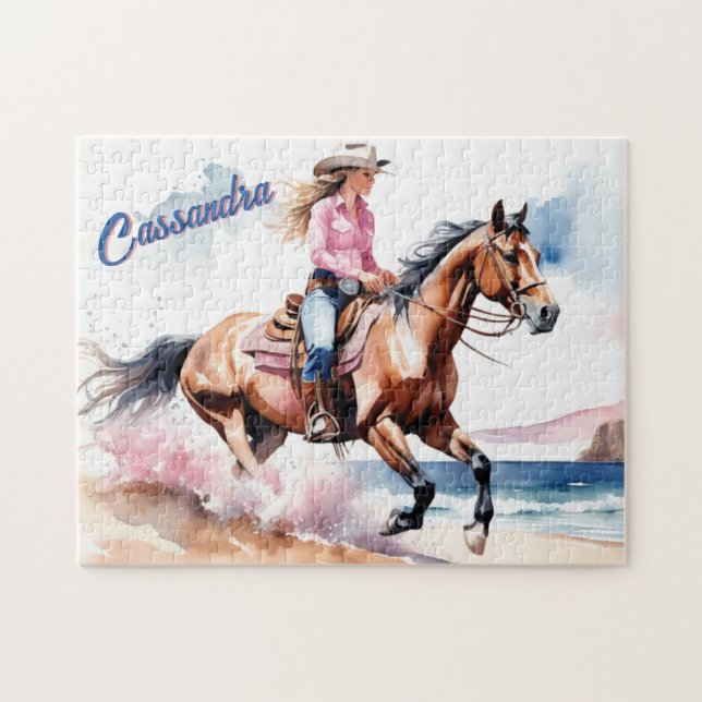 Cowgirl Horseback Riding on Beach by Ocean Custom Jigsaw Puzzle (Horizontal)