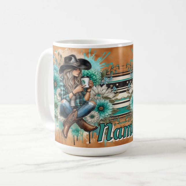Cowgirl in Hat with Floral Design Coffee Mug (Front Left)