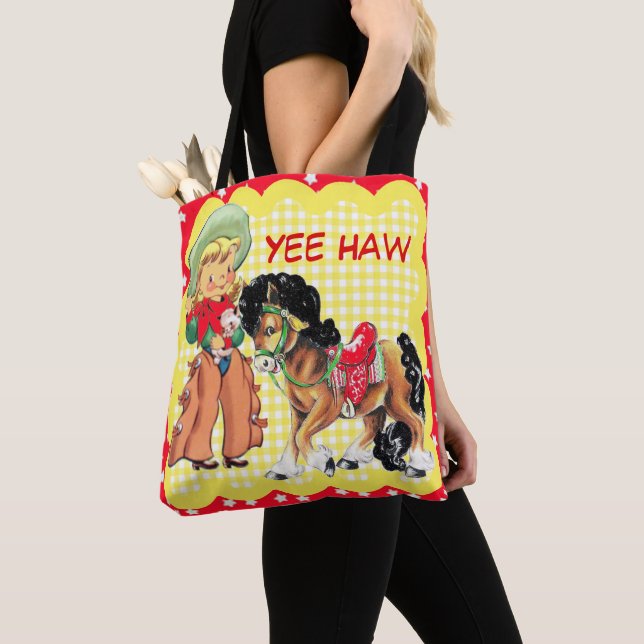 Cowgirl Kid With Horse Custom Text Tote Bag (Close Up)