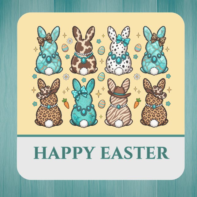 Cowgirl Leopard Print Blue Brown Easter Bunnies   Square Sticker (Creator Uploaded)