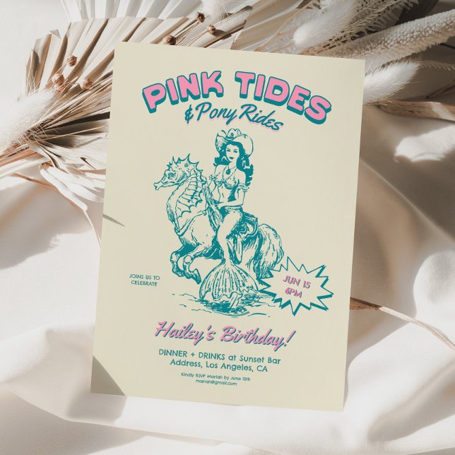 Cowgirl Mermaid Birthday Tides Pony Rides Invitation (coastal cowgirl invite, mermaid birthday invite, adult mermaid invite, pink cowgirl party, retro bir)