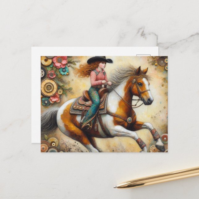 Cowgirl on a Pinto Horse Postcard (Front/Back In Situ)