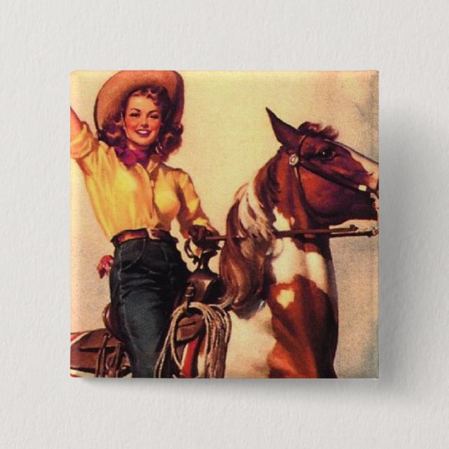 Cowgirl on Her Horse 2 Inch Square Button (Front)