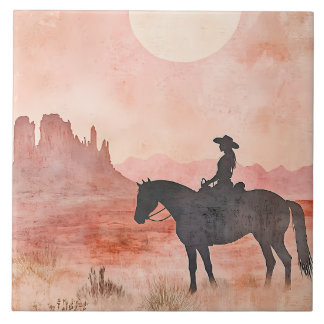 Cowgirl on Horse Southwestern Sunset Scene Tile