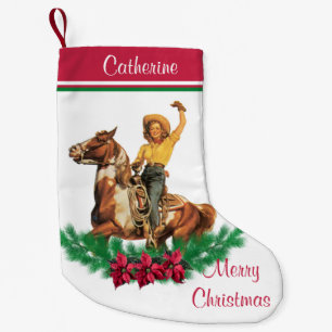 Cowgirl On Horse With Wreath Merry Christmas Small Christmas Stocking