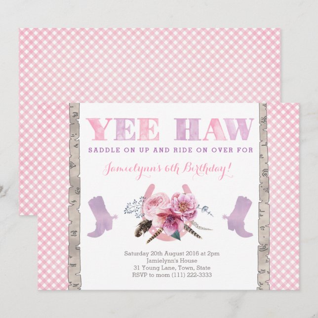 cowgirl party invite with boots and horseshoe (Front/Back)