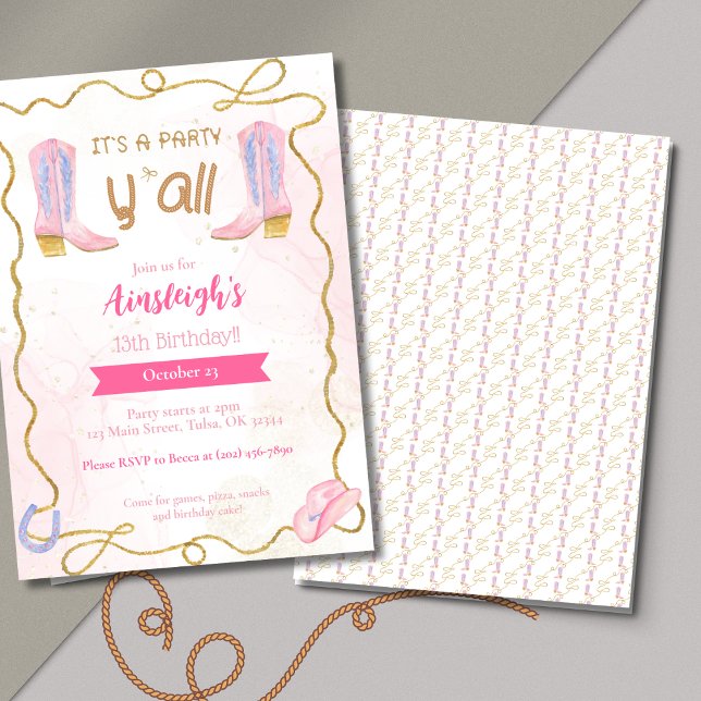 Cowgirl Pink Boots Western Birthday Party Invitation (Creator Uploaded)