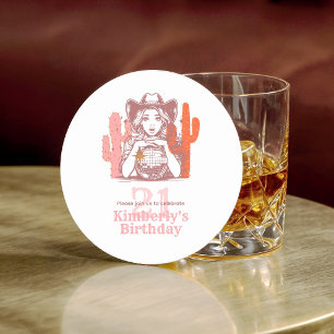 Cowgirl Pink Country Disco 21st Birthday Party Round Paper Coaster