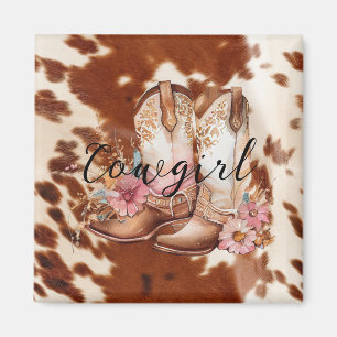 Cowgirl Pink Cream Brown Cowhide Floral Boots Magnet
