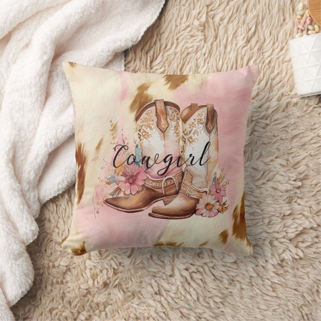 Cowgirl Pink Cream Brown Cowhide Floral Boots Throw Pillow (Blanket)