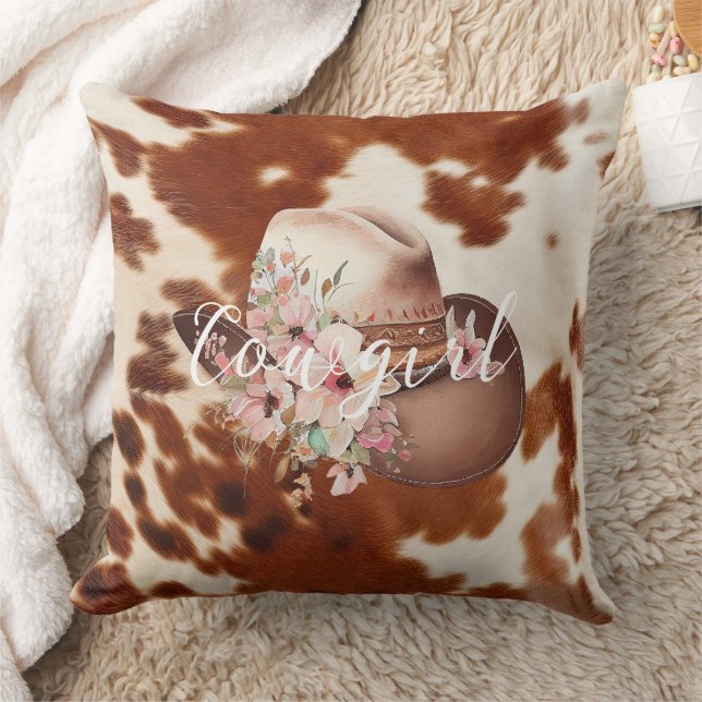 Cowgirl Pink Cream Brown Cowhide Floral Hat Throw Pillow (Blanket)