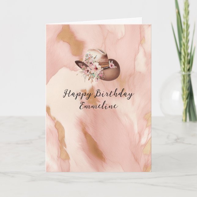 Cowgirl Pink Cream Brown Cowhide Hat & Boots Card (Front)