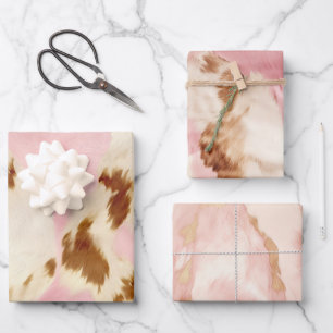 Cowgirl Pink Cream Brown Cowhide Wrapping Paper Sheet