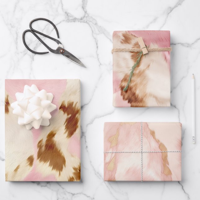Cowgirl Pink Cream Brown Cowhide  Wrapping Paper Sheet (Front)