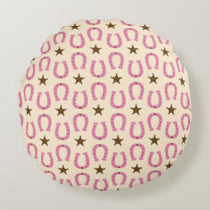 Cowgirl Pink Horseshoe Sheriff Star Country Texas Round Pillow