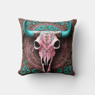 Cowgirl Pink Turquoise Western Country Bull SKull Throw Pillow