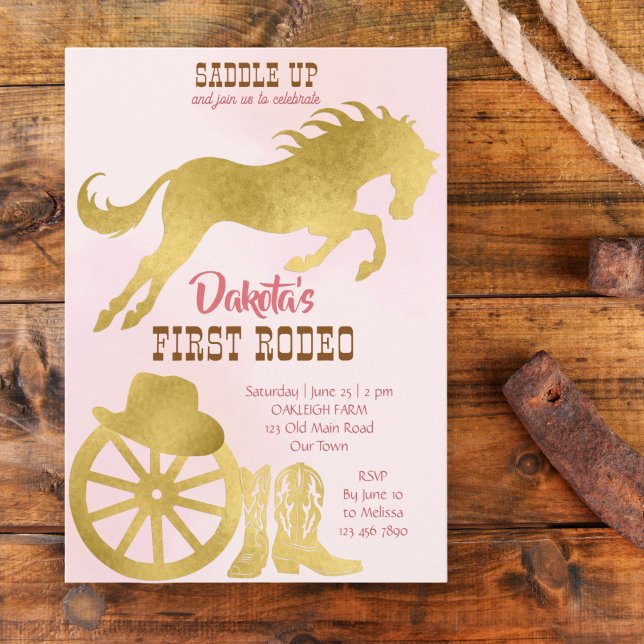 Cowgirl premier rodéo rose et or invitation d'anni (Créateur téléchargé)