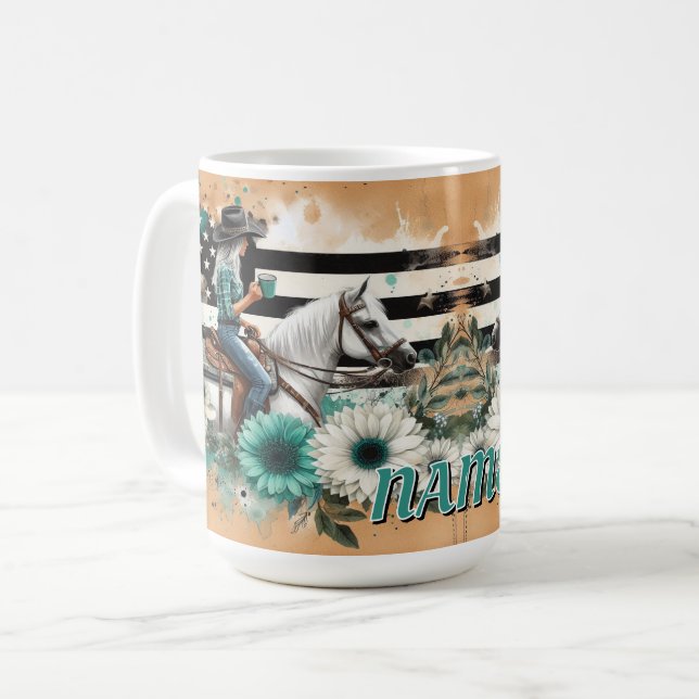 Cowgirl Riding Horse with Floral and Western Coffee Mug (Front Left)