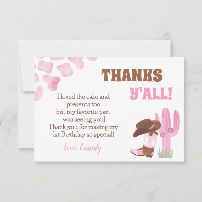 Cowgirl Rodeo Western 1er Anniversaire Merci Carte (Devant)
