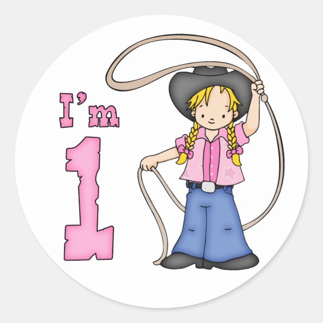 Cowgirl Roper 1st Birthday Classic Round Sticker (Front)