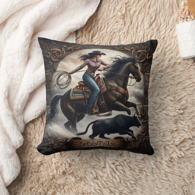Cowgirl Roping a Bull at a Rodeo Event Throw Pillow (Blanket)