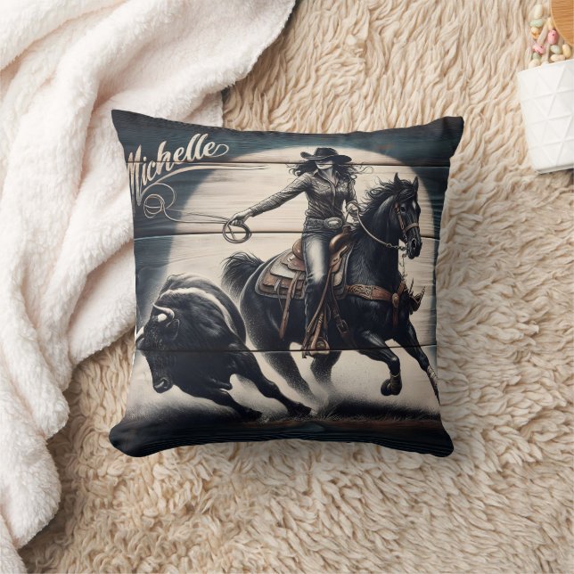 Cowgirl Roping a Bull at Sunset Rodeo Event Throw Pillow (Blanket)