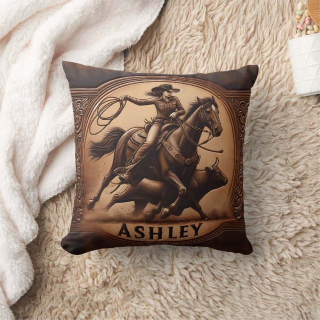 Cowgirl Roping a Calf at a Local Rodeo Event Throw Pillow (Blanket)