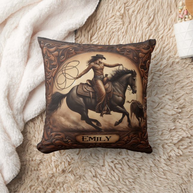 Cowgirl Roping at Rodeo Event in Motion Throw Pillow (Blanket)