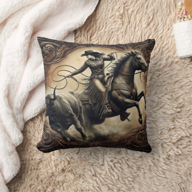 Cowgirl Roping Bull at Rodeo Event in Arena Throw Pillow (Blanket)