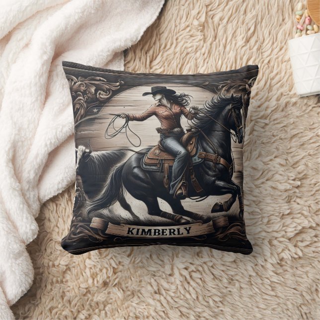 Cowgirl Roping Cattle at Rodeo in Kimberly Event Throw Pillow (Blanket)