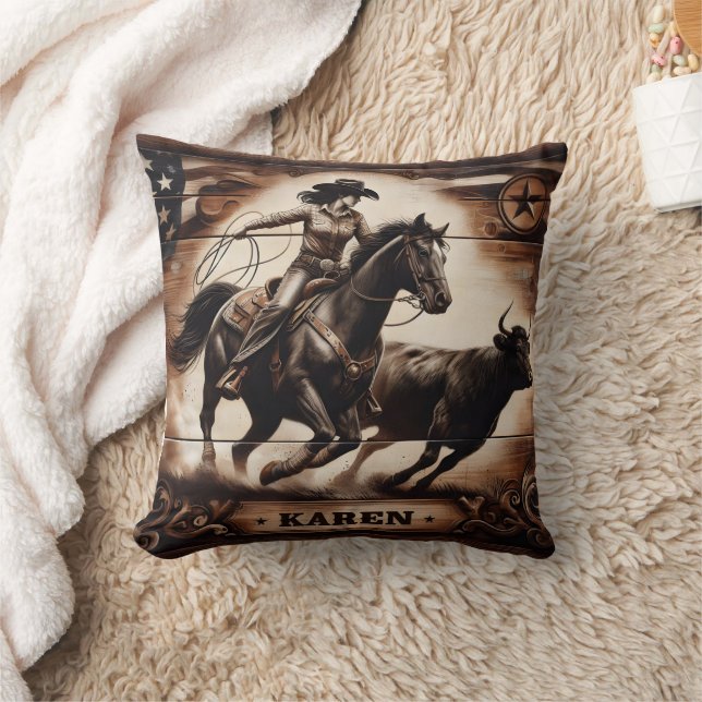 Cowgirl Roping Cattle at the Rodeo Throw Pillow (Blanket)