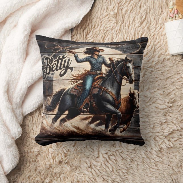 Cowgirl Roping Cattle Under Full Moon Throw Pillow (Blanket)