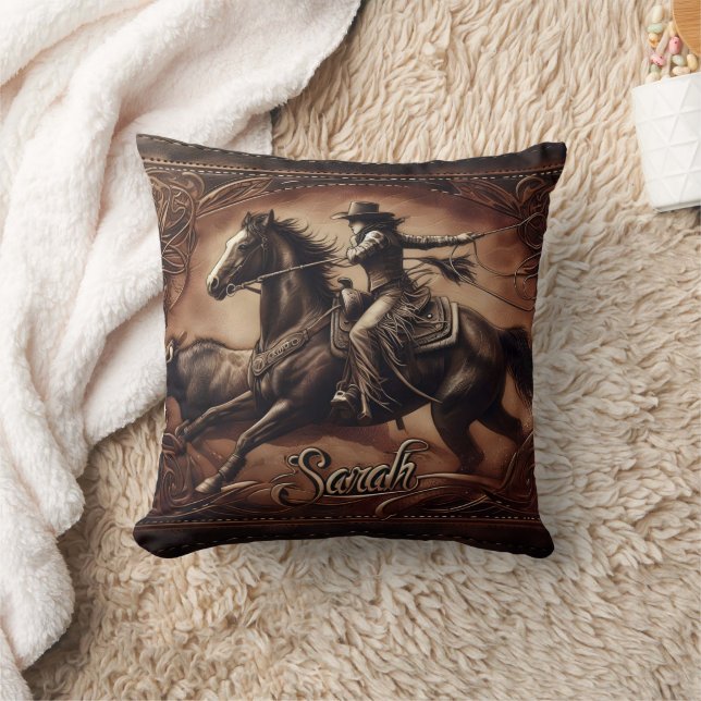Cowgirl Roping Contest at Local Rodeo Event Throw Pillow (Blanket)