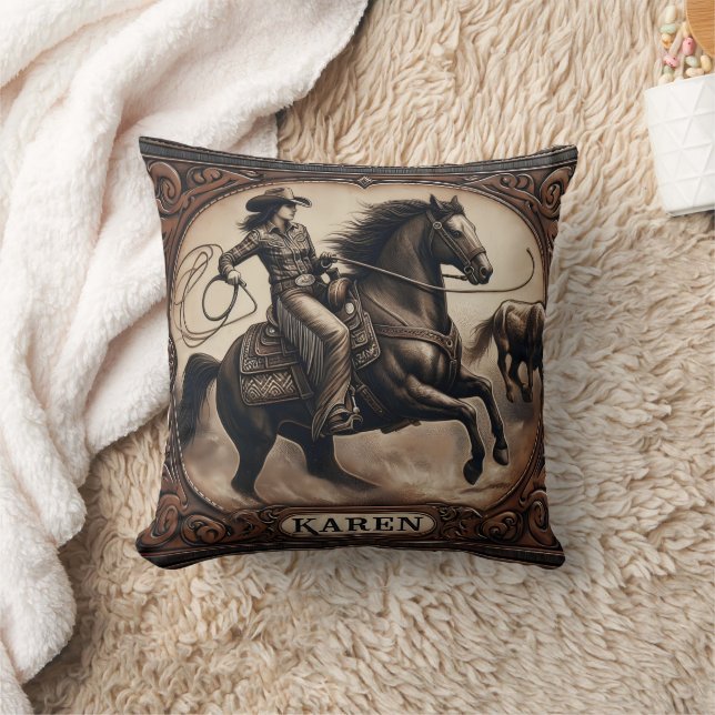 Cowgirl Roping Steer at Local Rodeo Event Throw Pillow (Blanket)