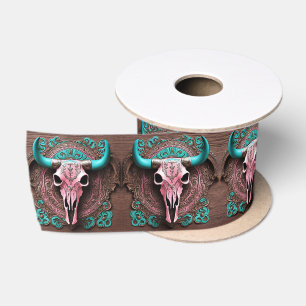 Cowgirl Southwestern Turquoise Pink Bull Skull Satin Ribbon