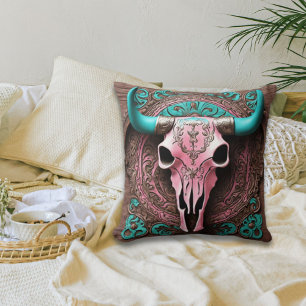 Cowgirl Southwestern Turquoise Pink Bull Skull  Throw Pillow