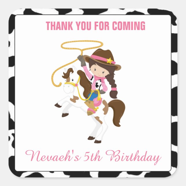 Cowgirl Square Stickers Labels Birthday Favour (Front)