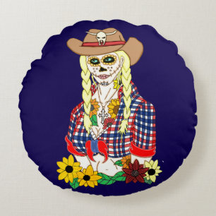 Cowgirl Sugar Skull Round Pillow
