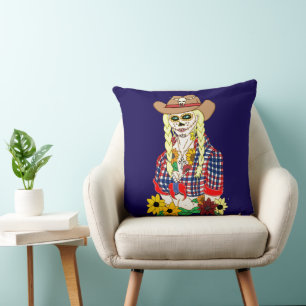 Cowgirl Sugar Skull Throw Pillow