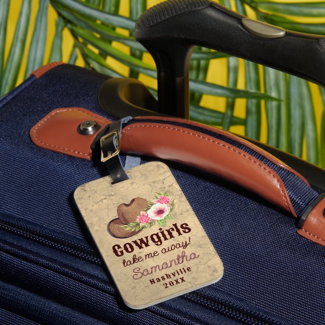 Cowgirl Themed Personalized Pink Floral Luggage Tag (Front Insitu 1)