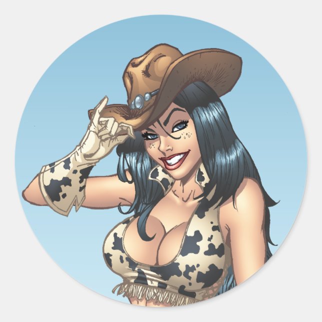Cowgirl Tipping Her Cowboy Hat Illustration Classic Round Sticker (Front)